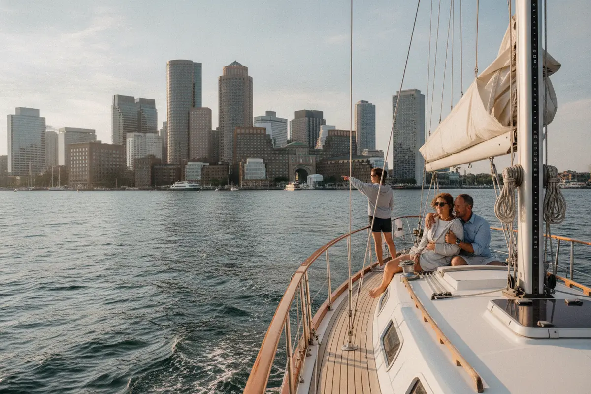 Passengers enjoy the Boston waterfront view from a boat