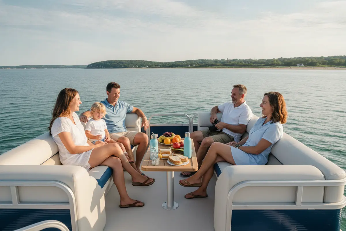 Passengers relaxing together on the open deck of a pontoon boat
