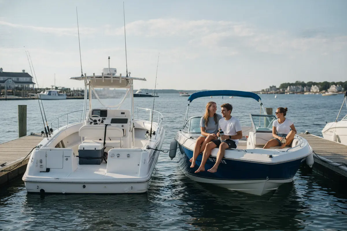 Passengers seated in a bowrider while a center-console boat shows open deck space