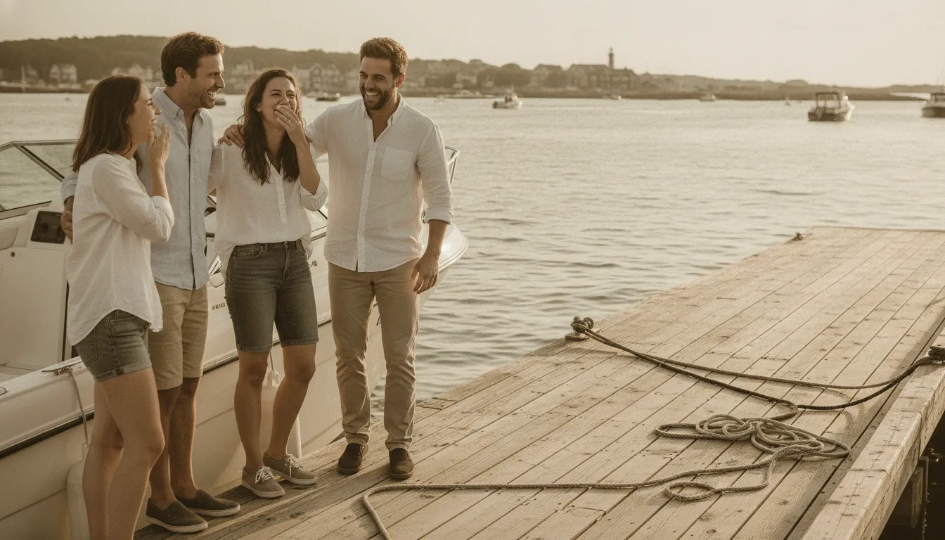 Friends preparing for an independent boating day at a Massachusetts marina