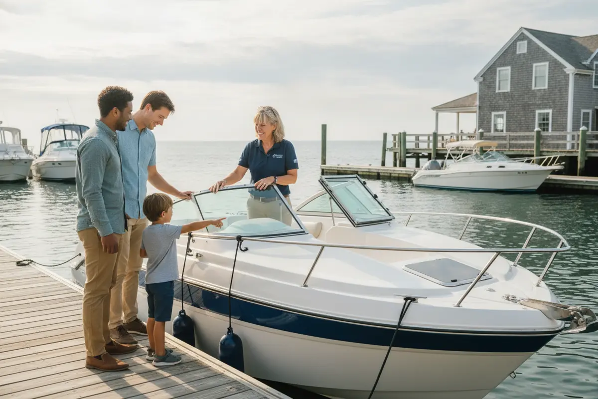 Prospective boat club members discussing a marina visit with a local club representative