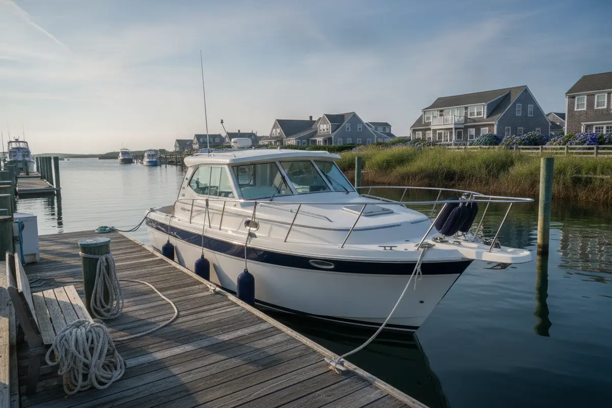 Recreational boat secured at a Massachusetts marina