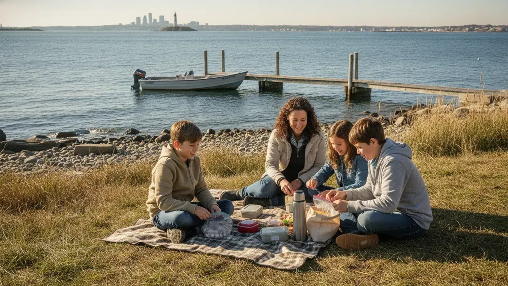 Family enjoying a picnic and shoreline walk on Spectacle Island