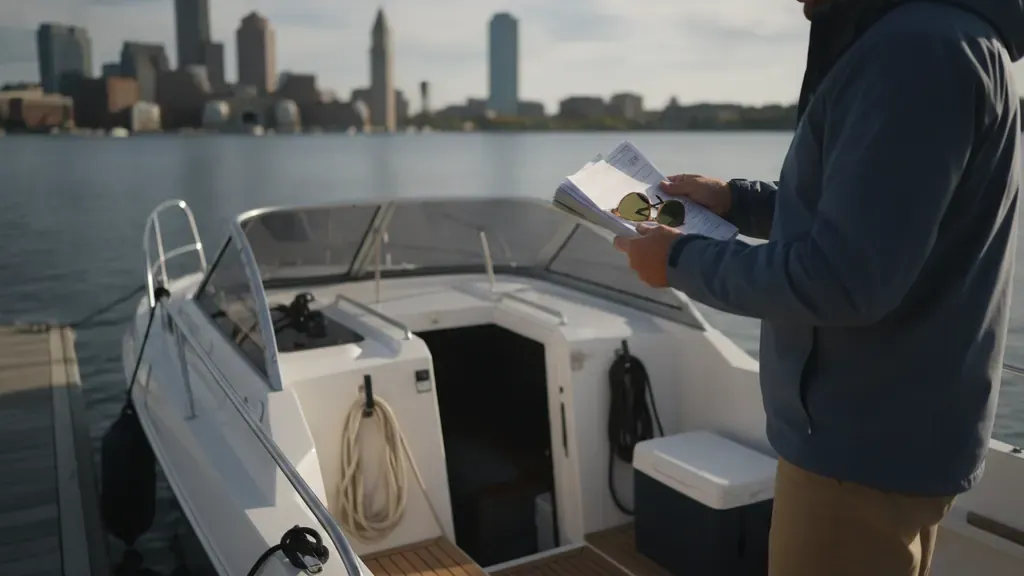 Boater checking Boston Harbor weather and trip planning information beside a boat