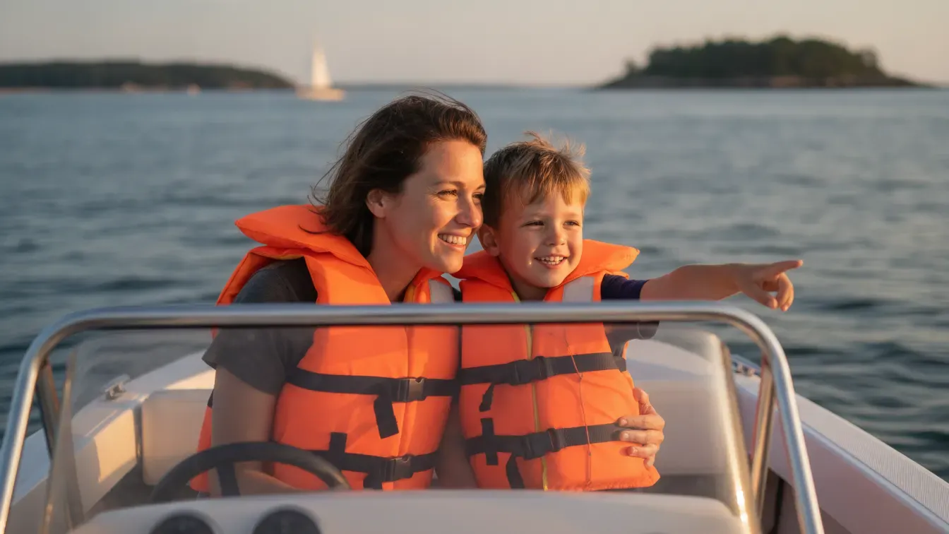 Family wearing life jackets during a safe summer boating outing in Massachusetts