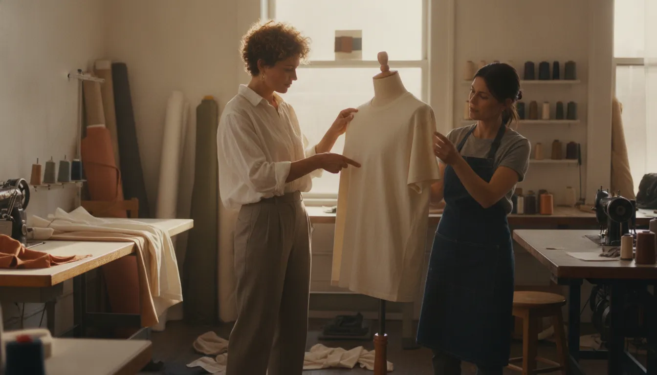 Designer and seamstress reviewing American-made clothing in a small workshop