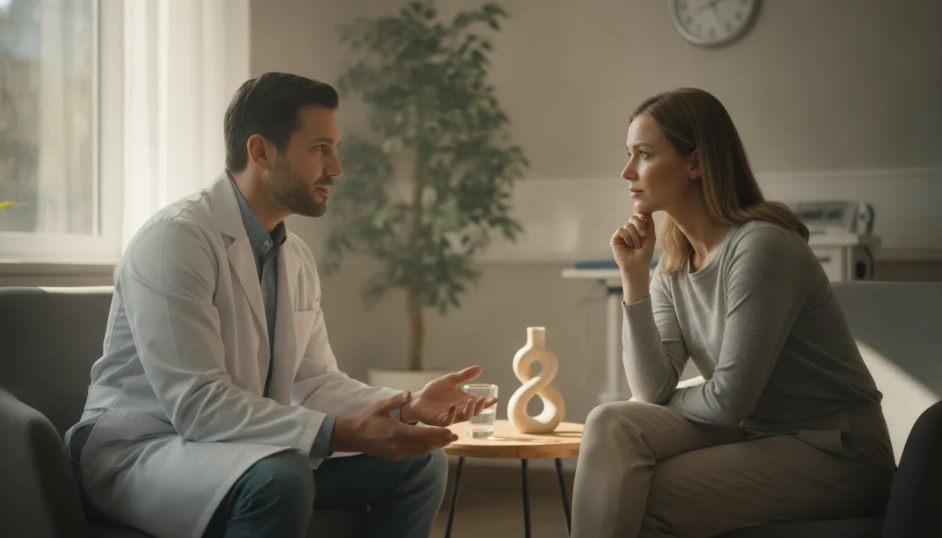 Adult speaking privately with a treatment professional during an initial addiction care conversation