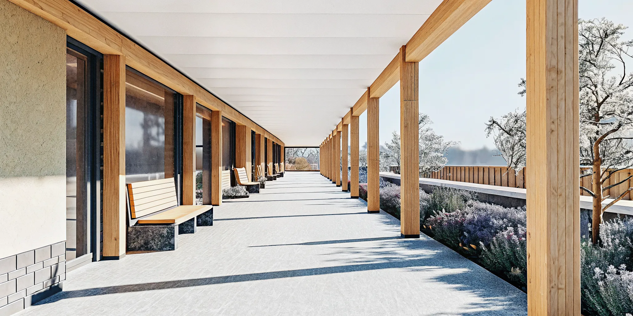 A beautifully landscaped garden path with wooden benches at Legacy Healing Center Ohio in Cincinnati