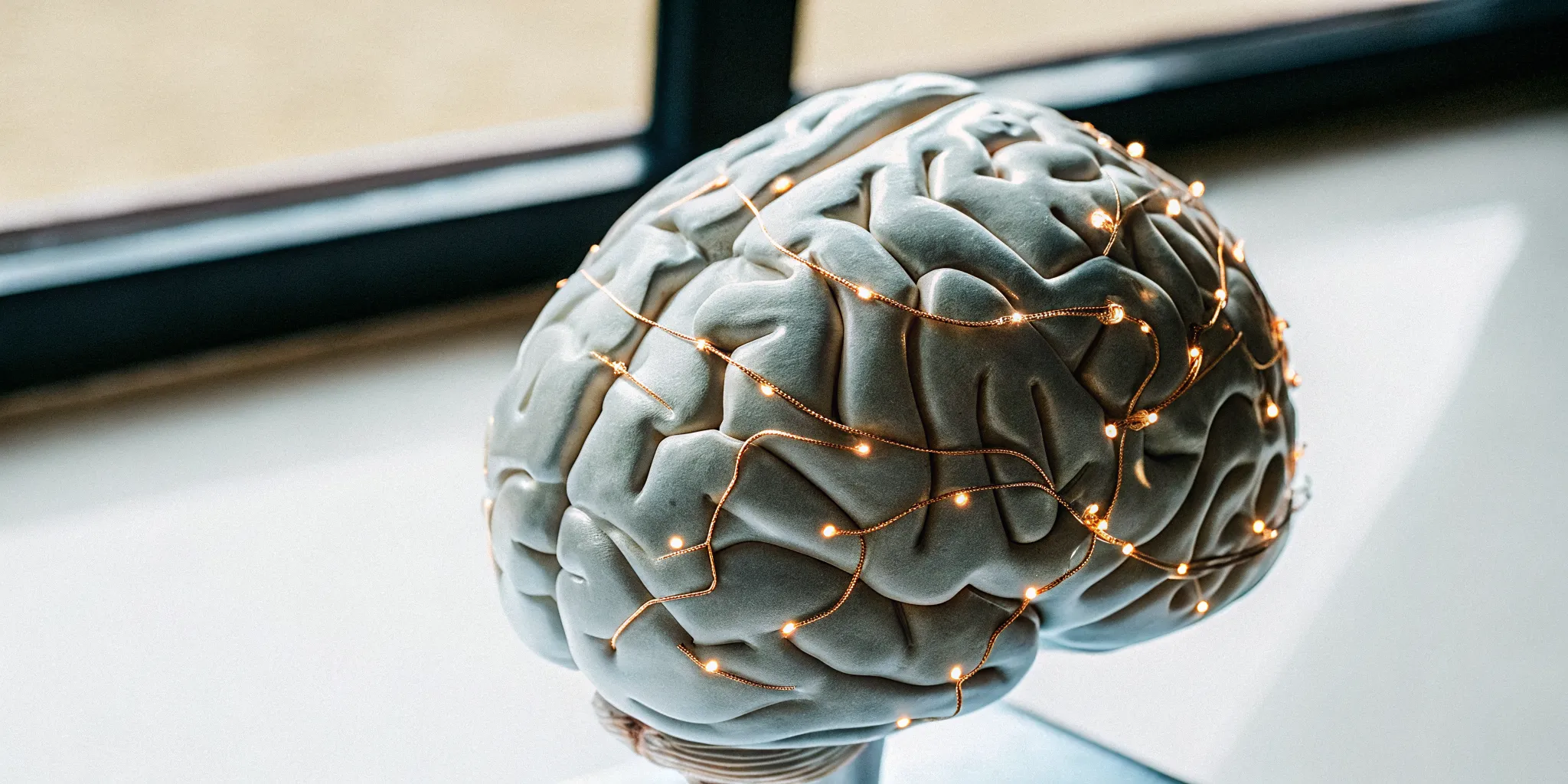 Medical brain model with glowing neural pathways illustrating the neuroscience of ADHD and addiction