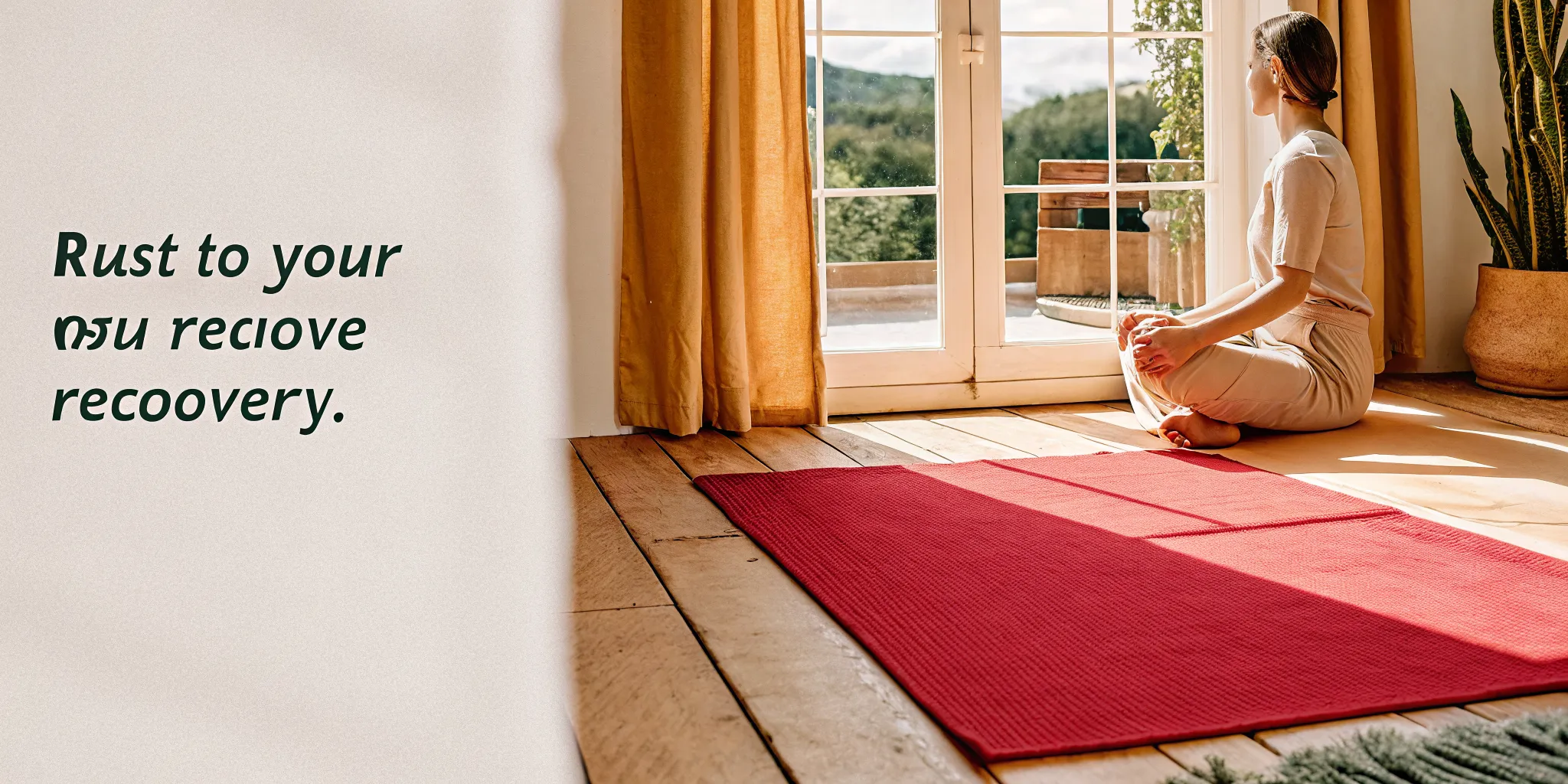Peaceful meditation room with natural light, warm neutral tones, person in lotus pose by window overlooking Ohio landscape