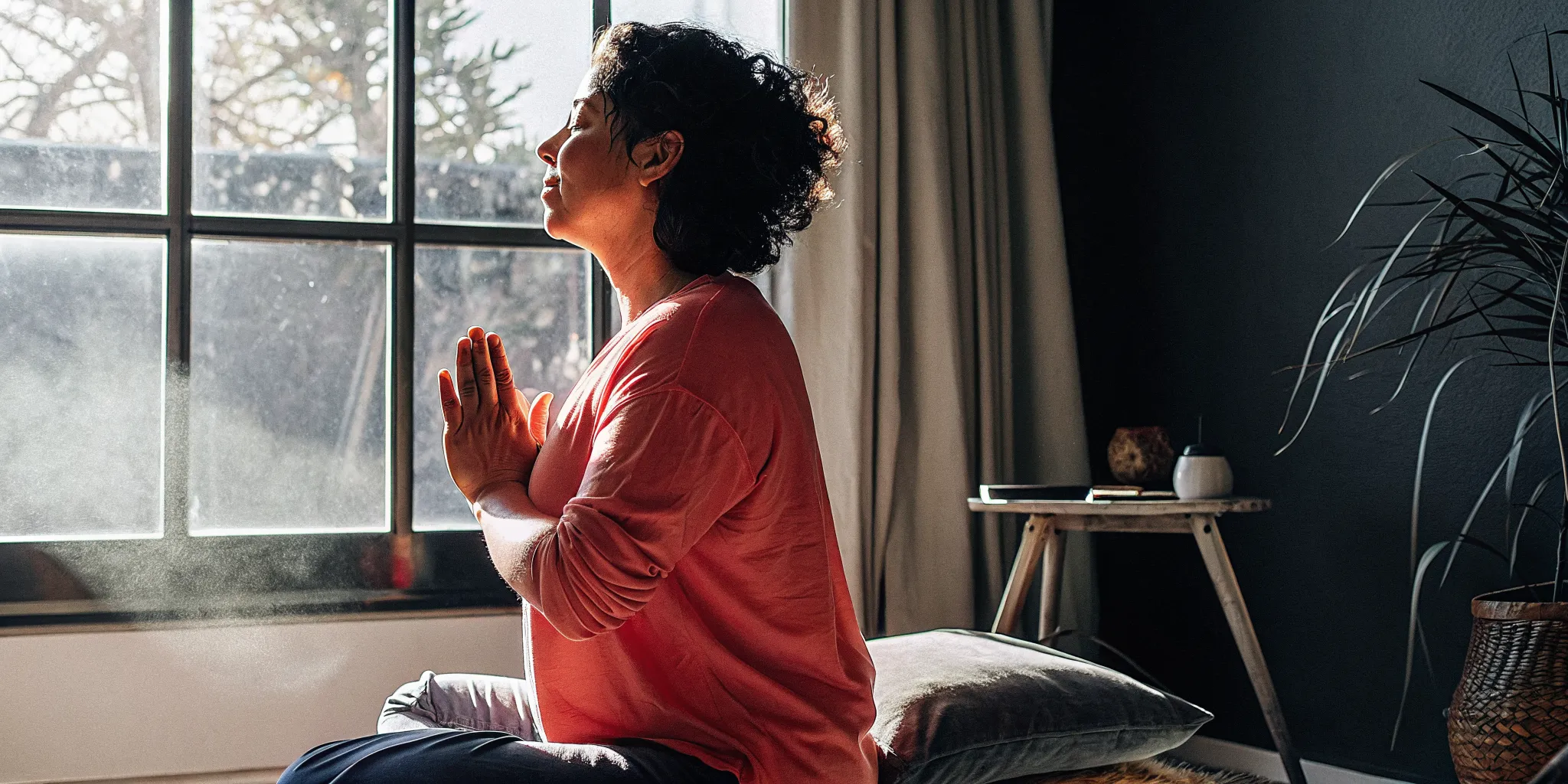A person practicing quiet mindfulness with eyes closed in a peaceful home space in soft morning light