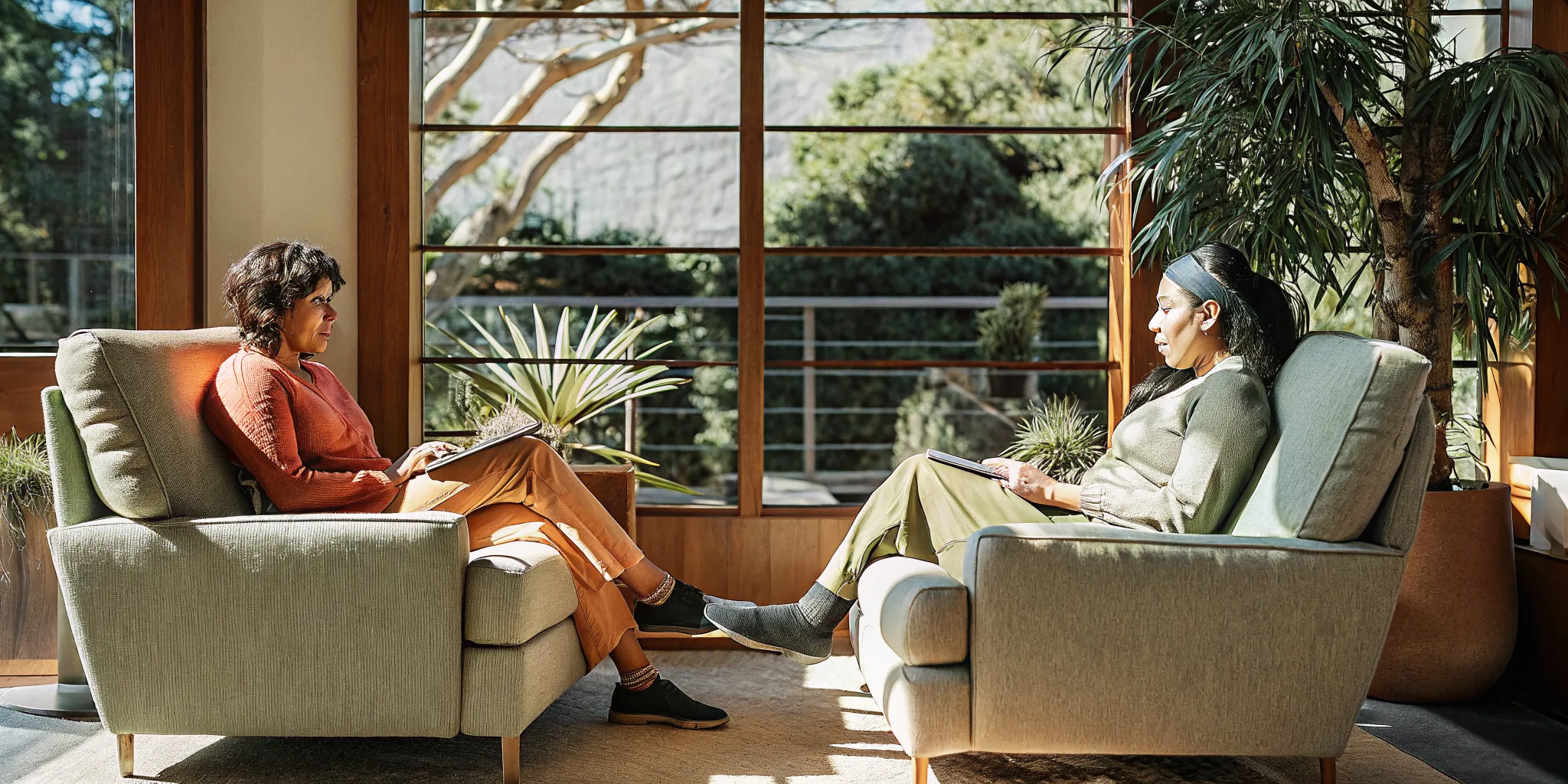 Therapy session in a sunlit room representing dual diagnosis care for ADHD and addiction recovery