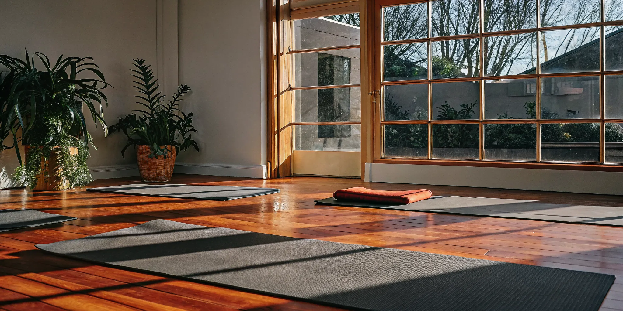 Yoga studio with wood floors and soft morning light streaming through windows, creating a calm wellness environment