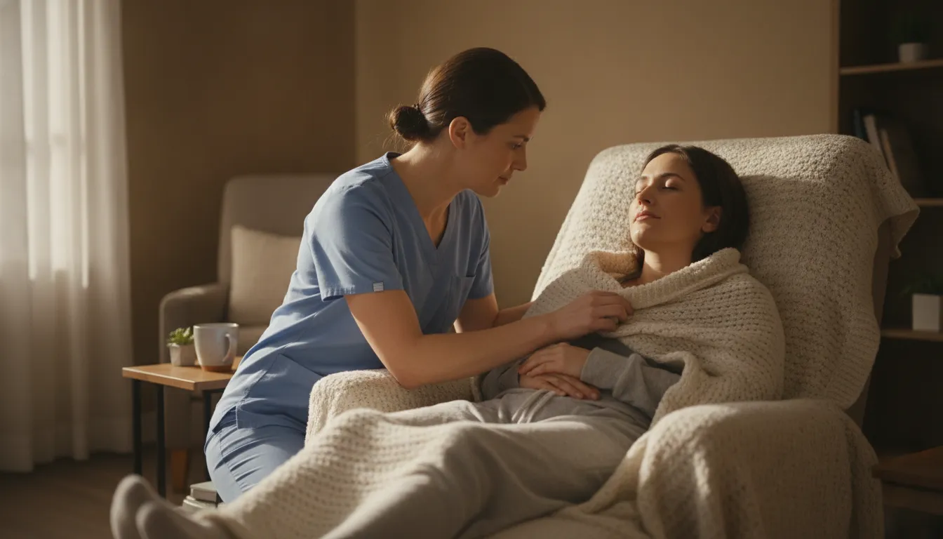 Clinician offering calm support to a person resting during opioid withdrawal care