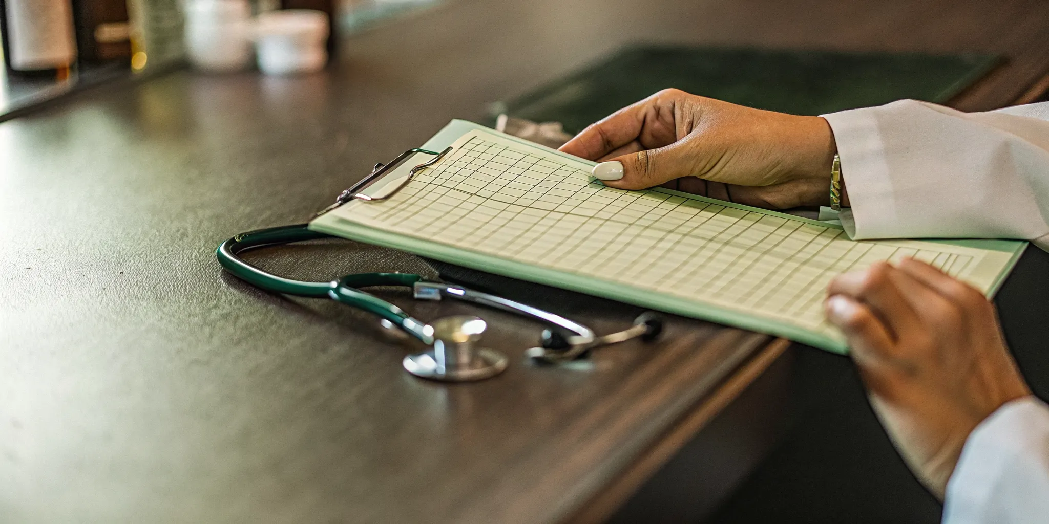 Medical professional reviewing patient medication chart during chronic pain and addiction treatment consultation at Legacy Healing Center