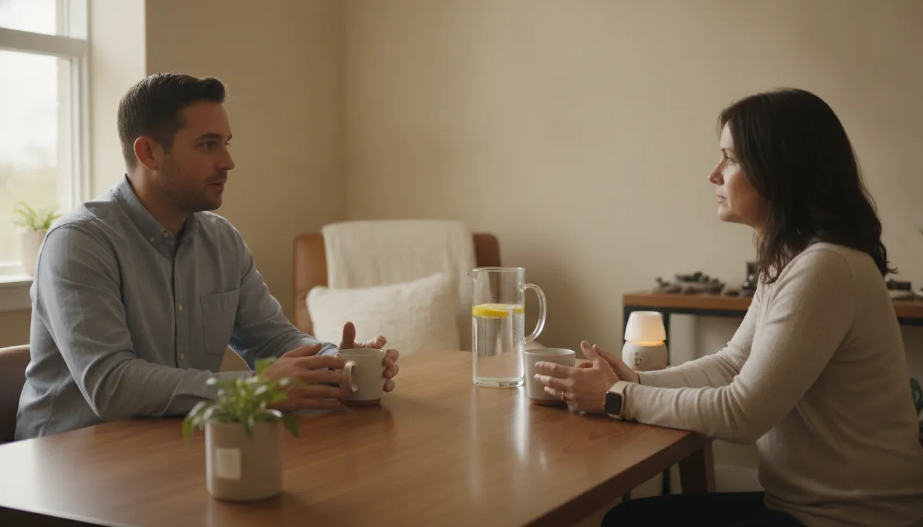 Clinician reviewing a detox assessment with a patient in a calm treatment setting