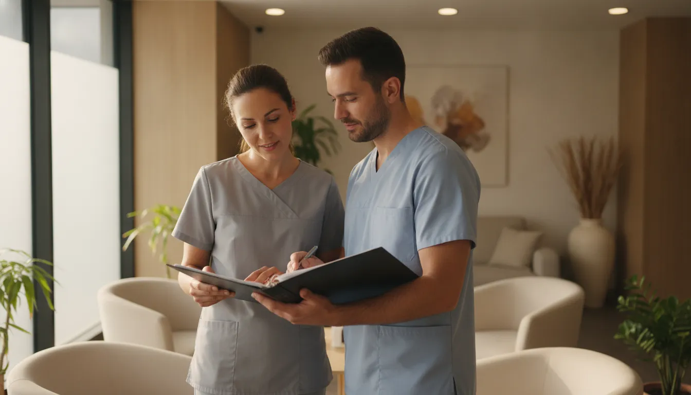 Clinician discussing treatment setting options with a patient in a calm private room