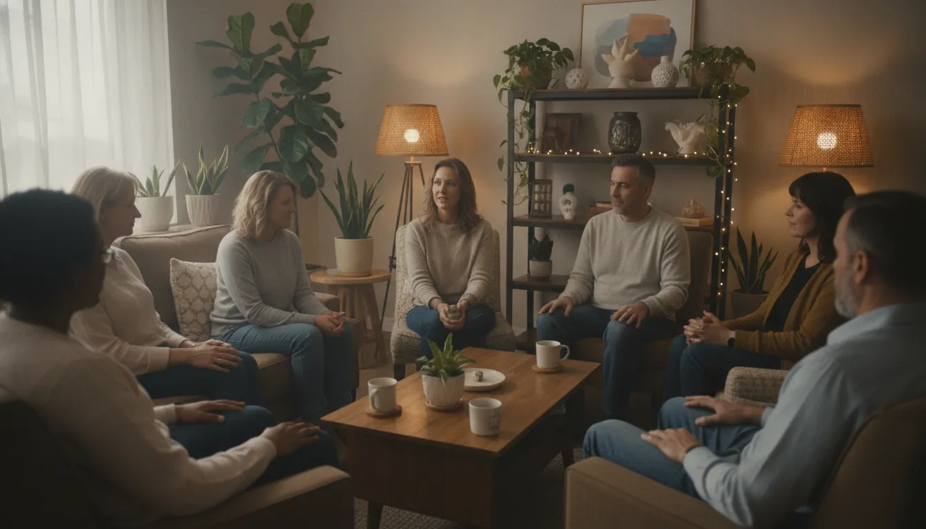 People practicing supportive coping skills together in a calm trauma-informed group setting