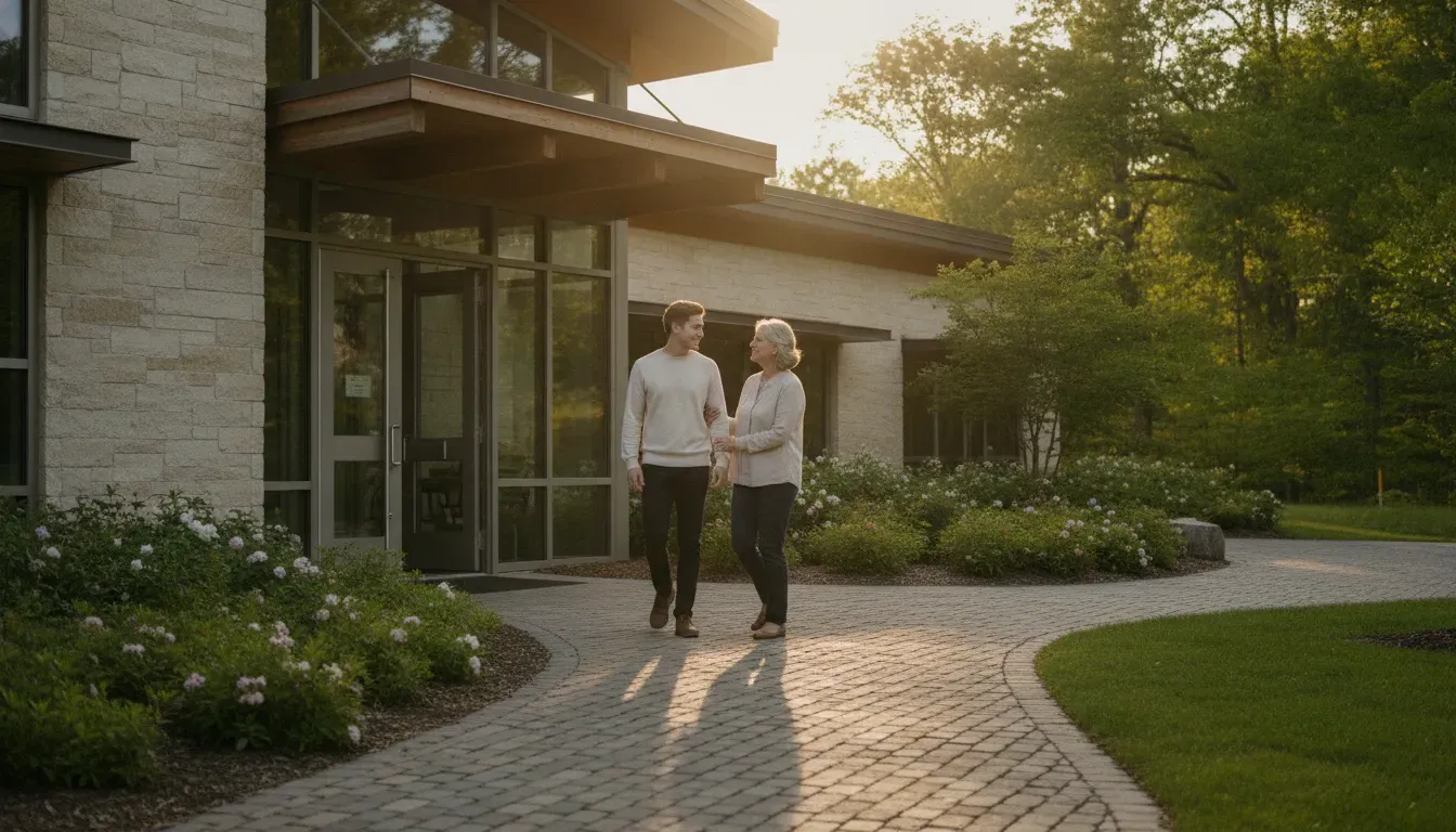 Adult and family member leaving a daytime addiction treatment program together