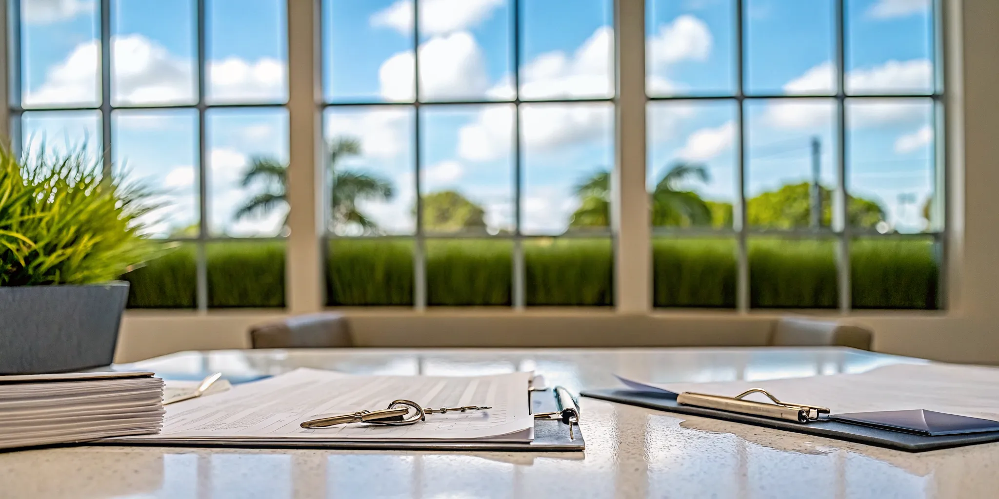 Closing table with mortgage documents, pen, and house keys in a bright Florida real estate office