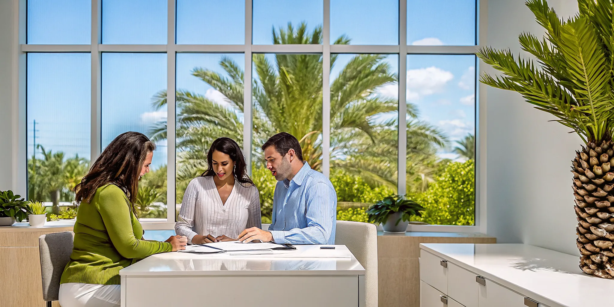 Couple consulting with a Florida mortgage lender in a bright office with palm trees visible through the window