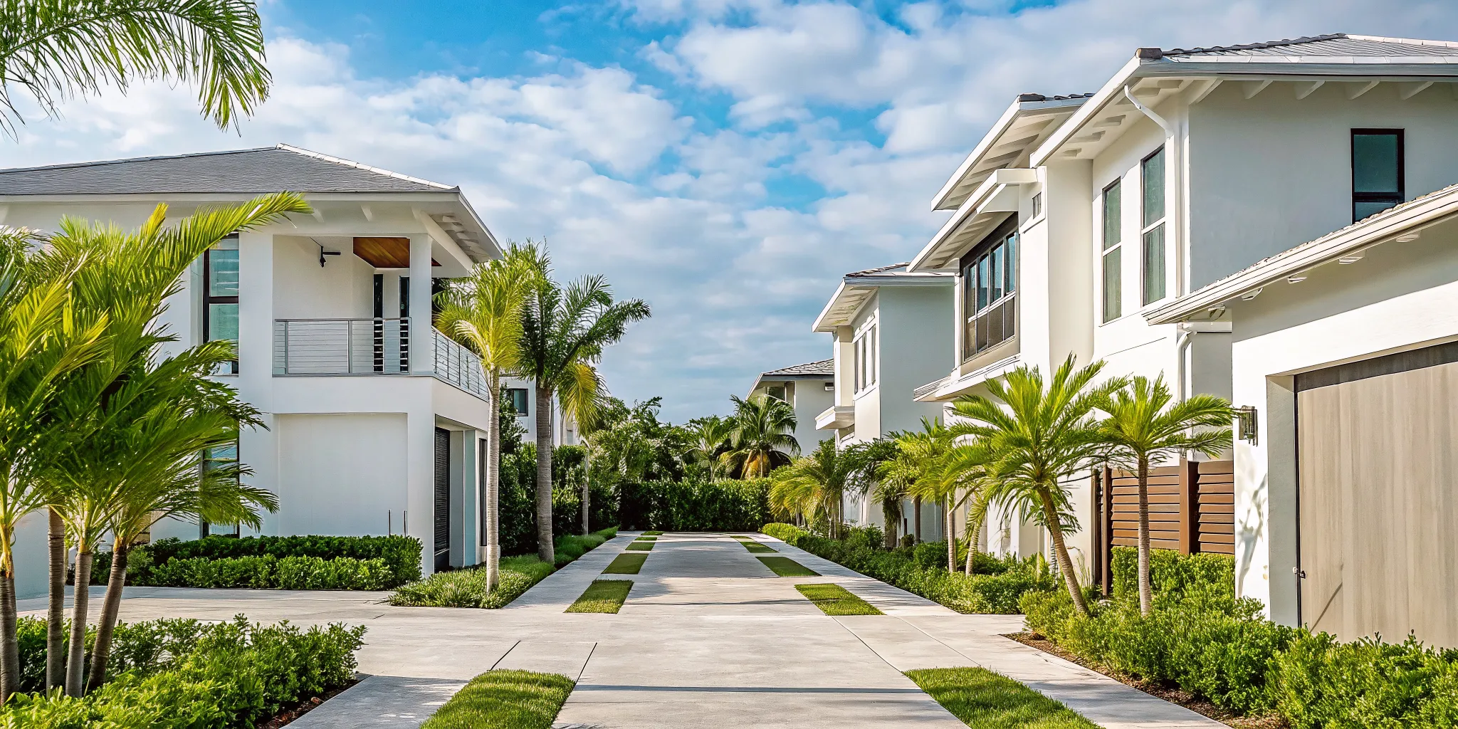 Residential street in Delray Beach Florida with Mediterranean-style homes and tropical landscaping