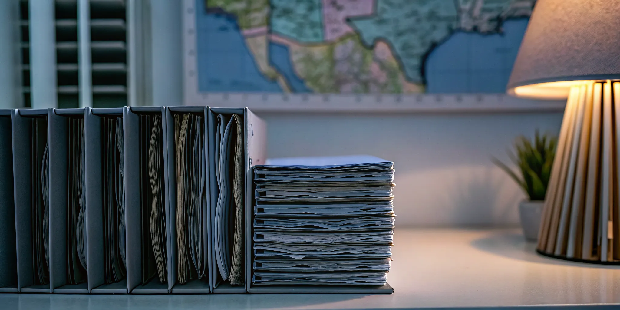 Financial documents arranged on a desk including pay stubs, tax returns, and bank statements with a Florida map