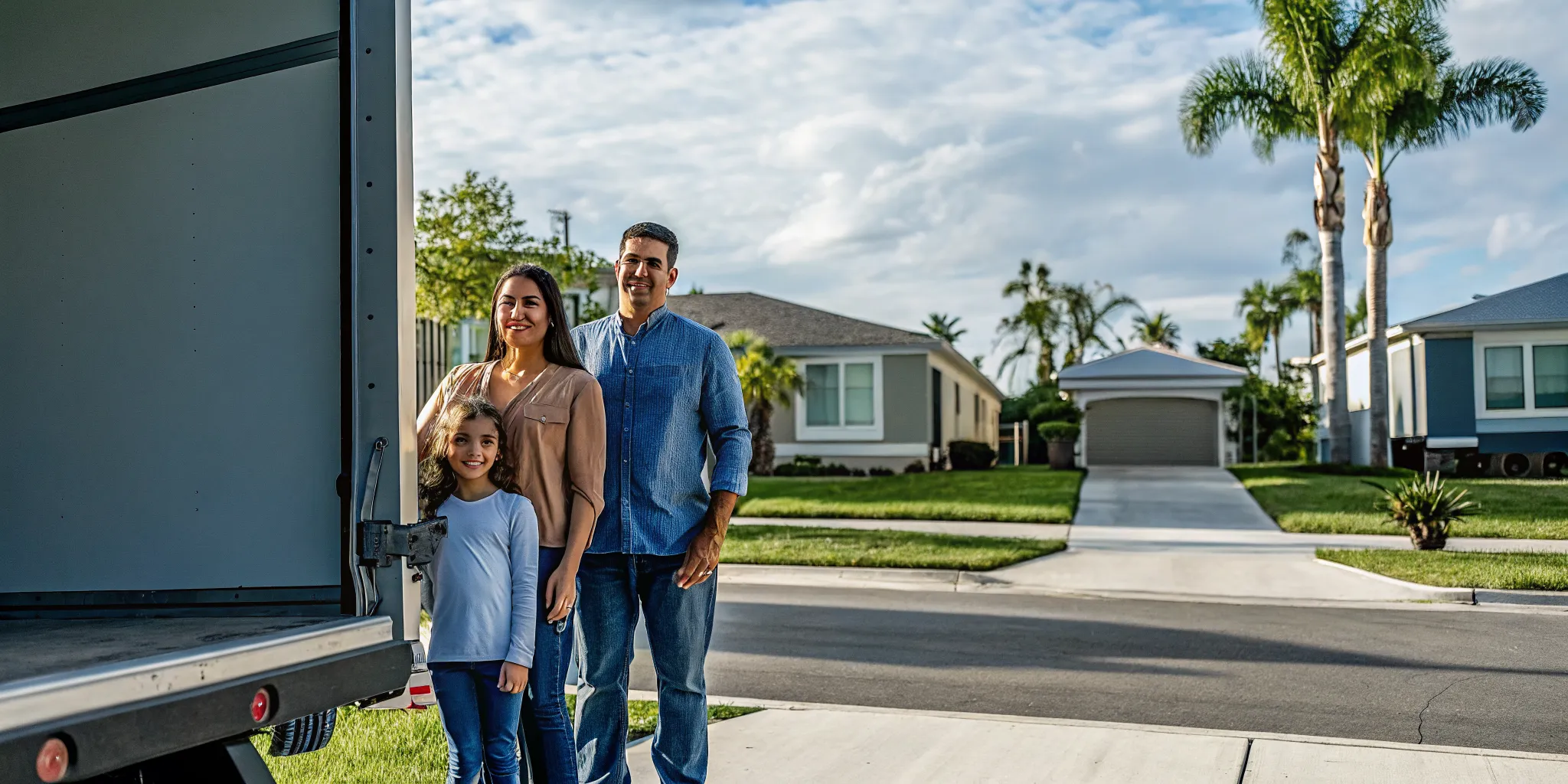 Florida family standing in front of their new home with a moving truck on a sunny day