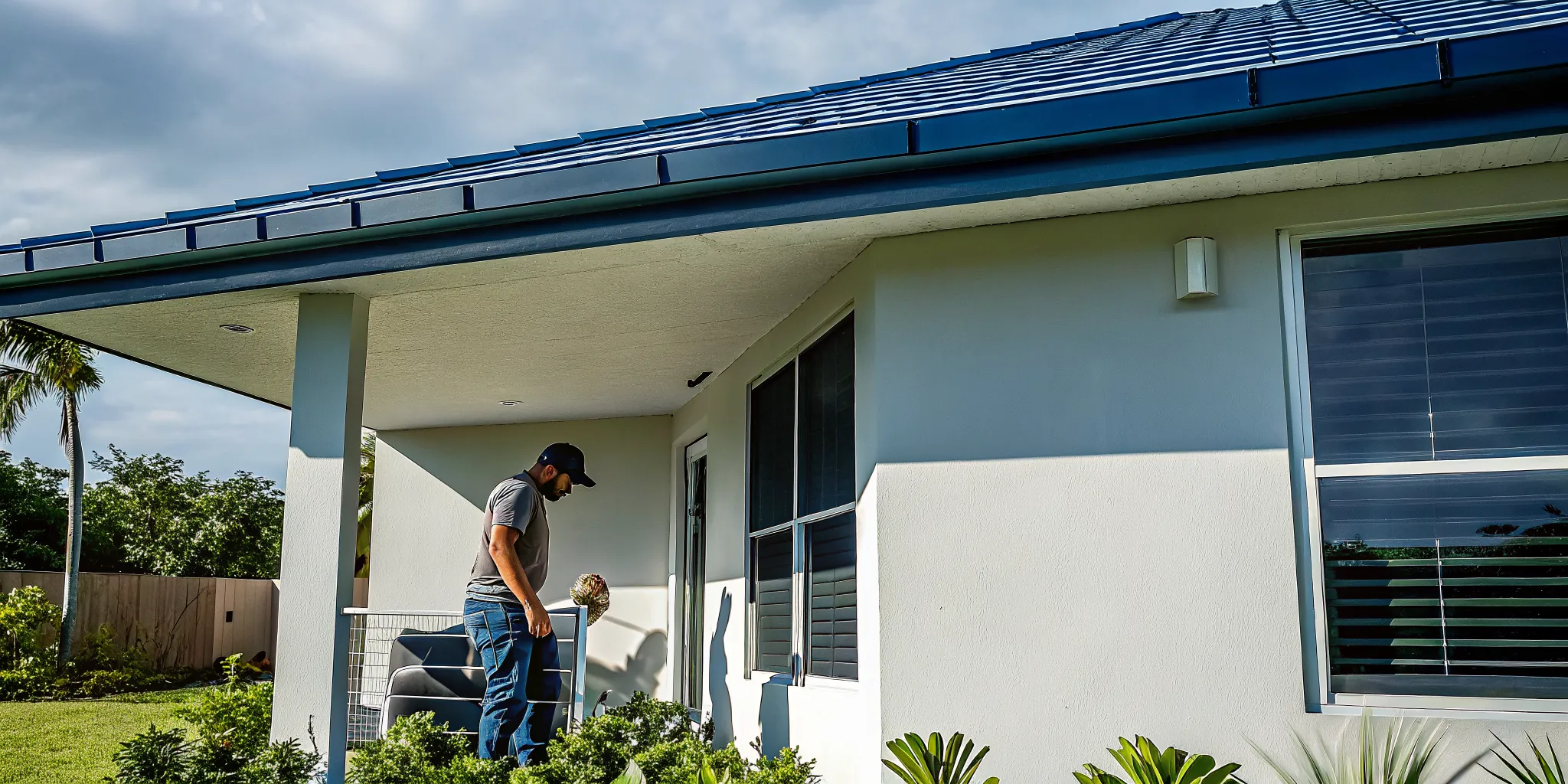 A modern South Florida house featuring an updated hip-style roof and wind-mitigation construction designed to reduce home insurance premiums.