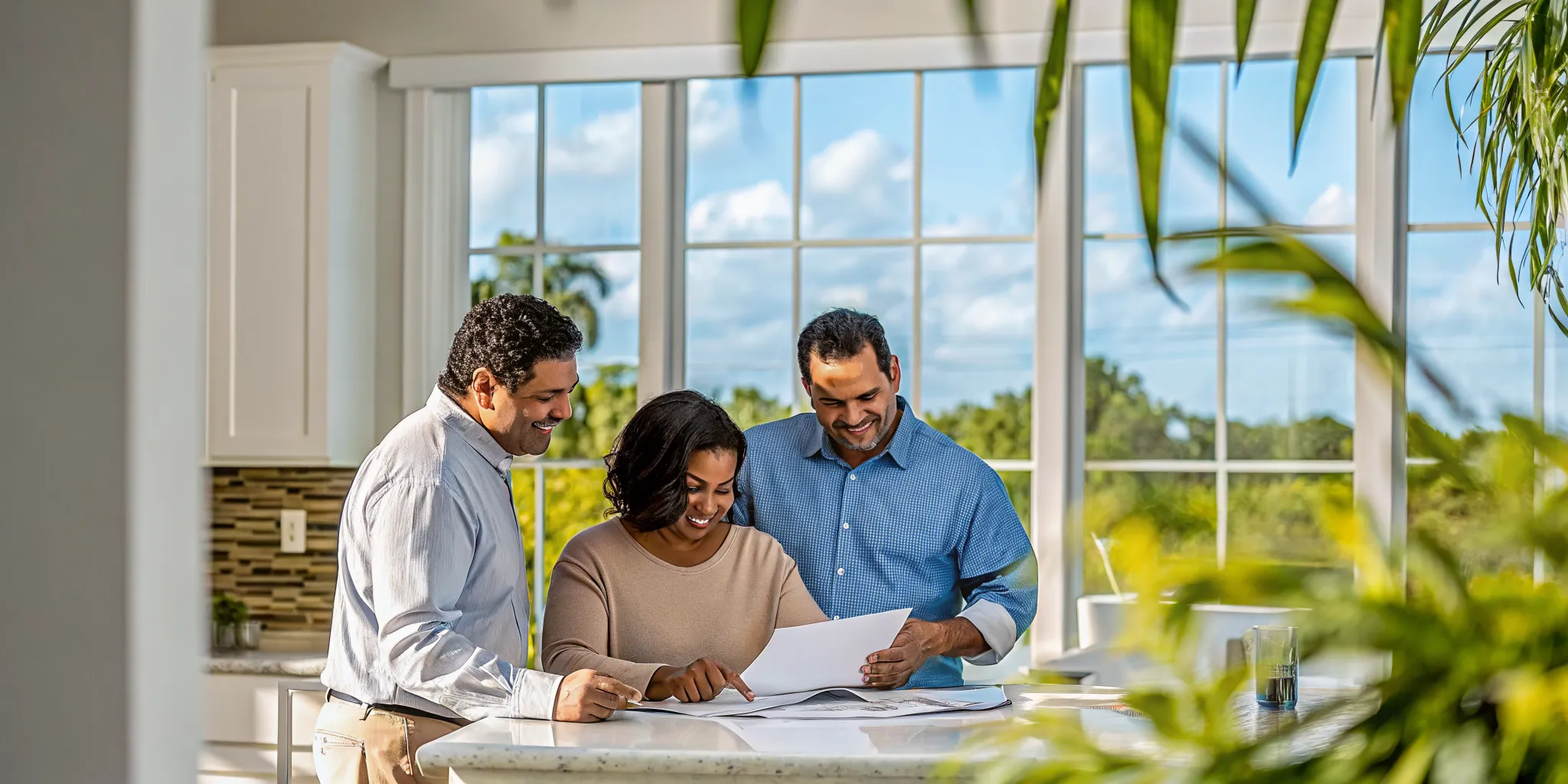 Veteran family reviewing VA loan eligibility Florida documents with a mortgage broker