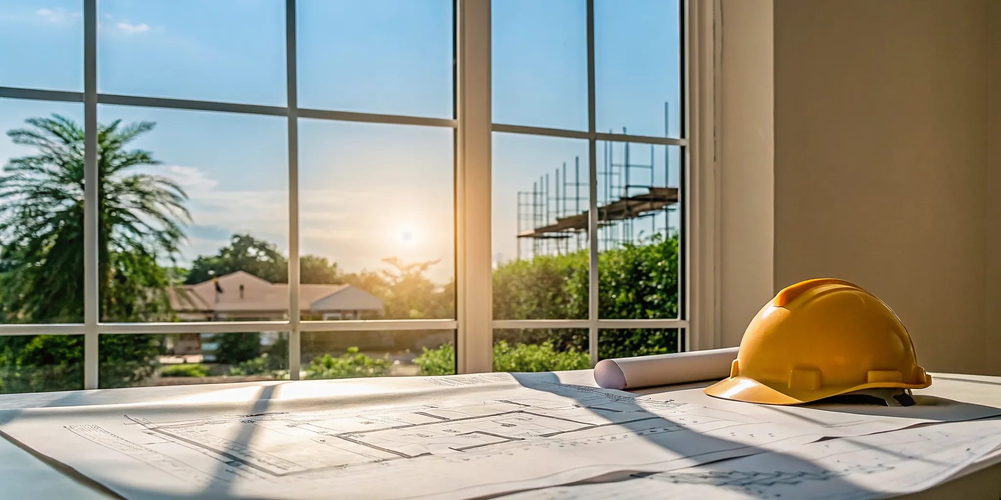 Architectural plans and custom blueprints laid out with a builder hardhat in a sunny Florida office
