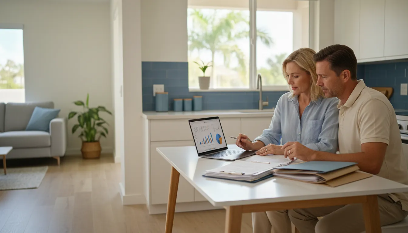 Florida veteran homeowners reviewing VA loan rates and mortgage quote details at home