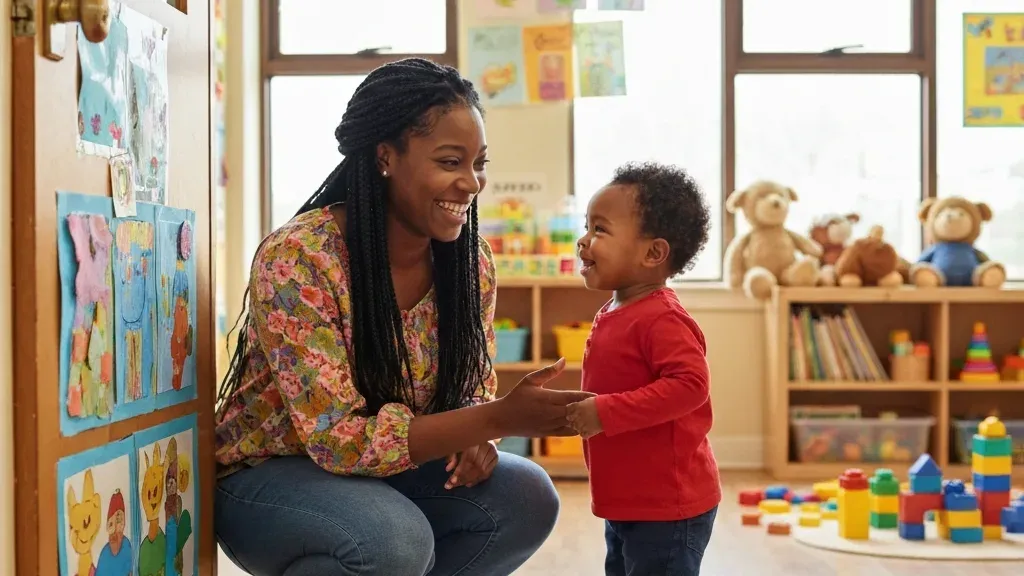 A warm daycare teacher greeting a toddler at the classroom door during the morning drop-off transition