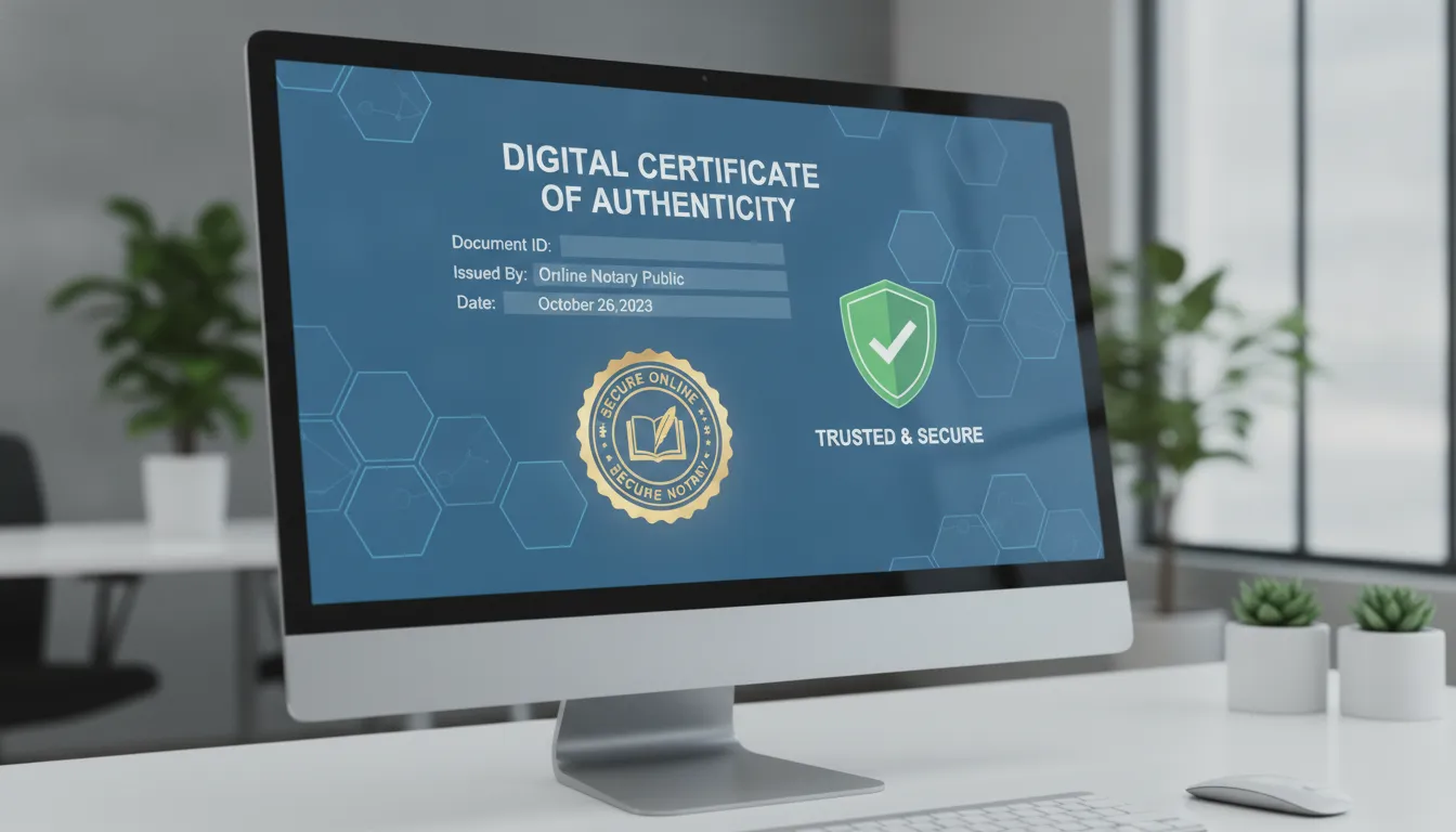 Secure digital notary seal and verification shield on screen