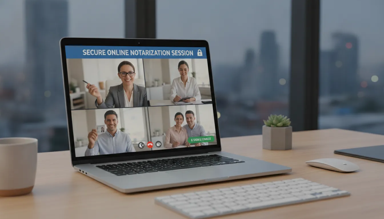 A laptop screen showing a secure online notarization session with a friendly licensed notary public