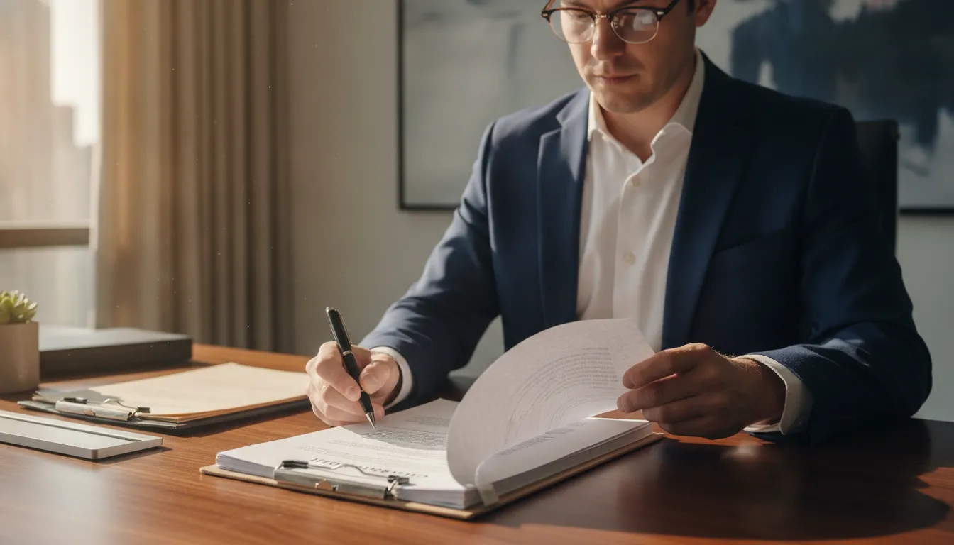 A business professional reviewing and signing legal documents on a clean desk