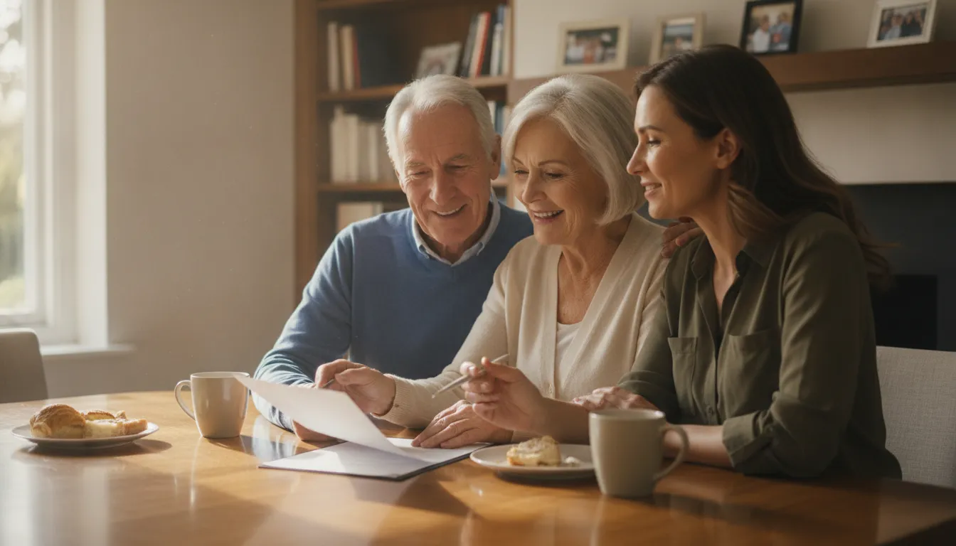 A senior adult couple smiling while sitting at a table with their adult child, reviewing estate planning documents
