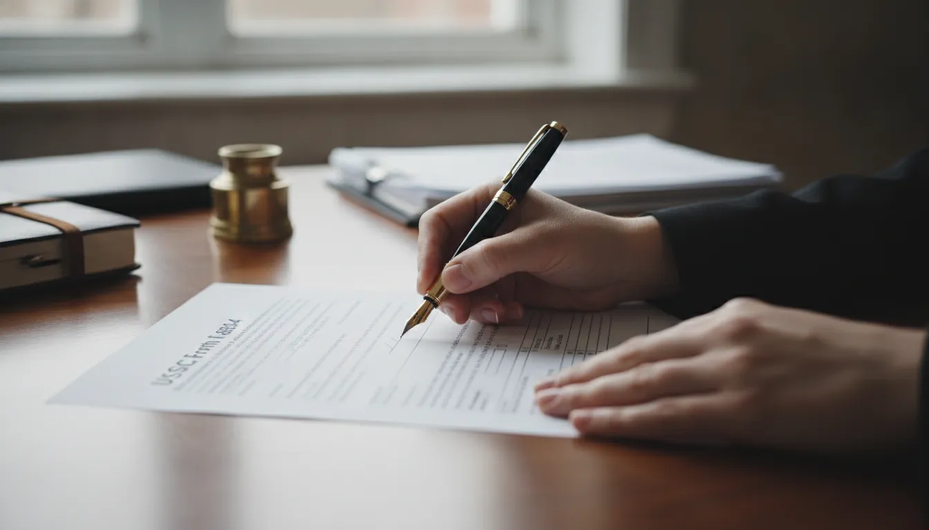 Sponsor signing official Affidavit of Support on a wood desk with a fountain pen