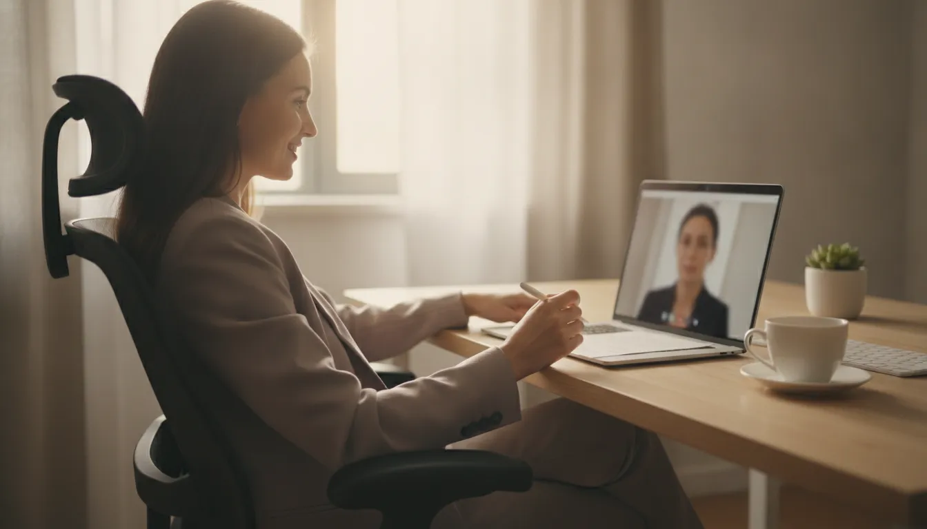 A professional signing a document on a laptop during an online notarization session