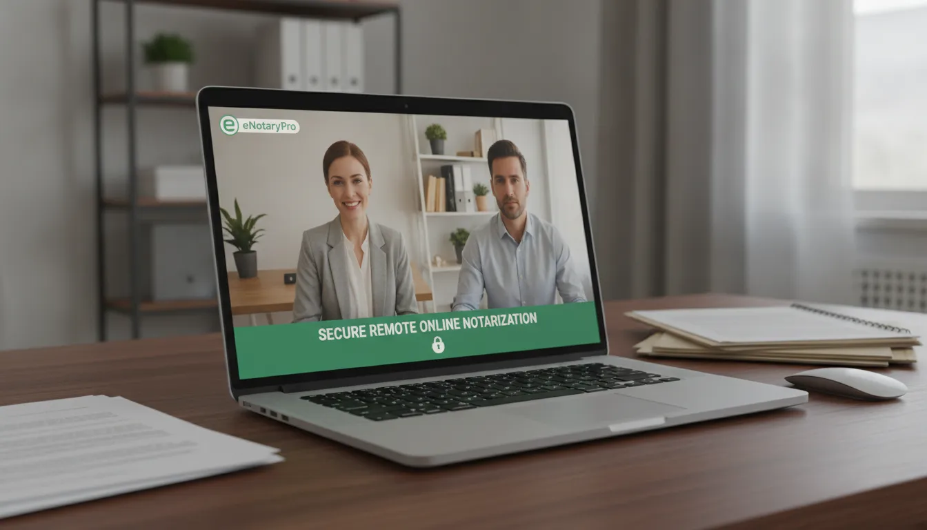 Laptop showing online video call with a remote notary during an online notarization session