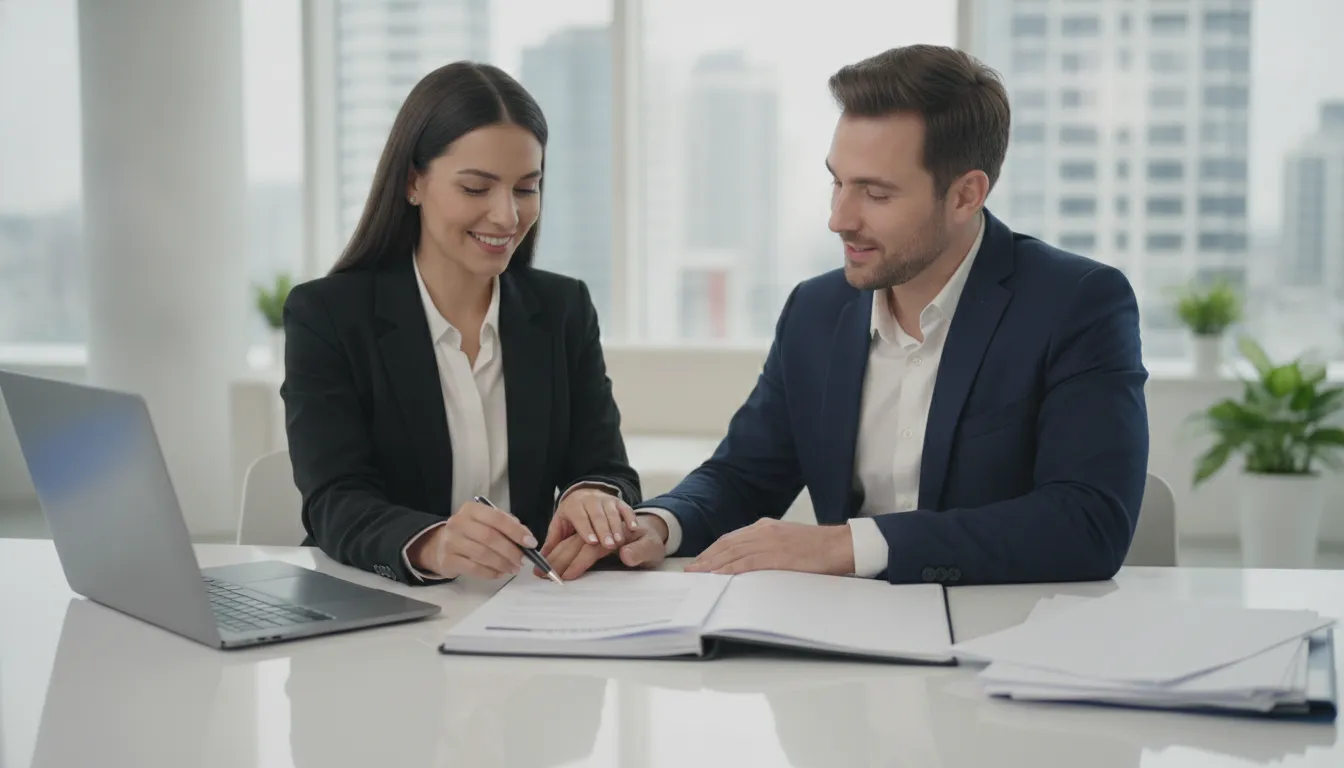 Two professionals reviewing a signed real estate document together at a desk
