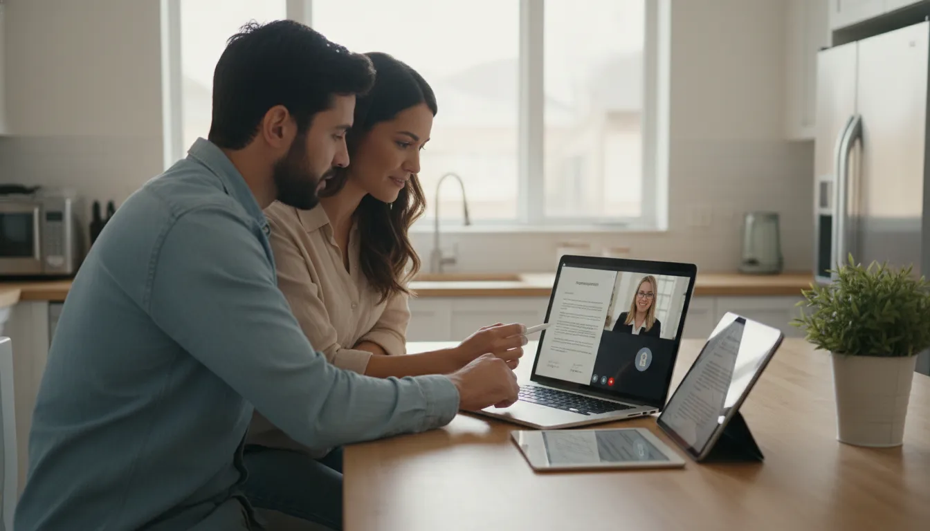 Couple preparing IDs and a prenup for an online notary session