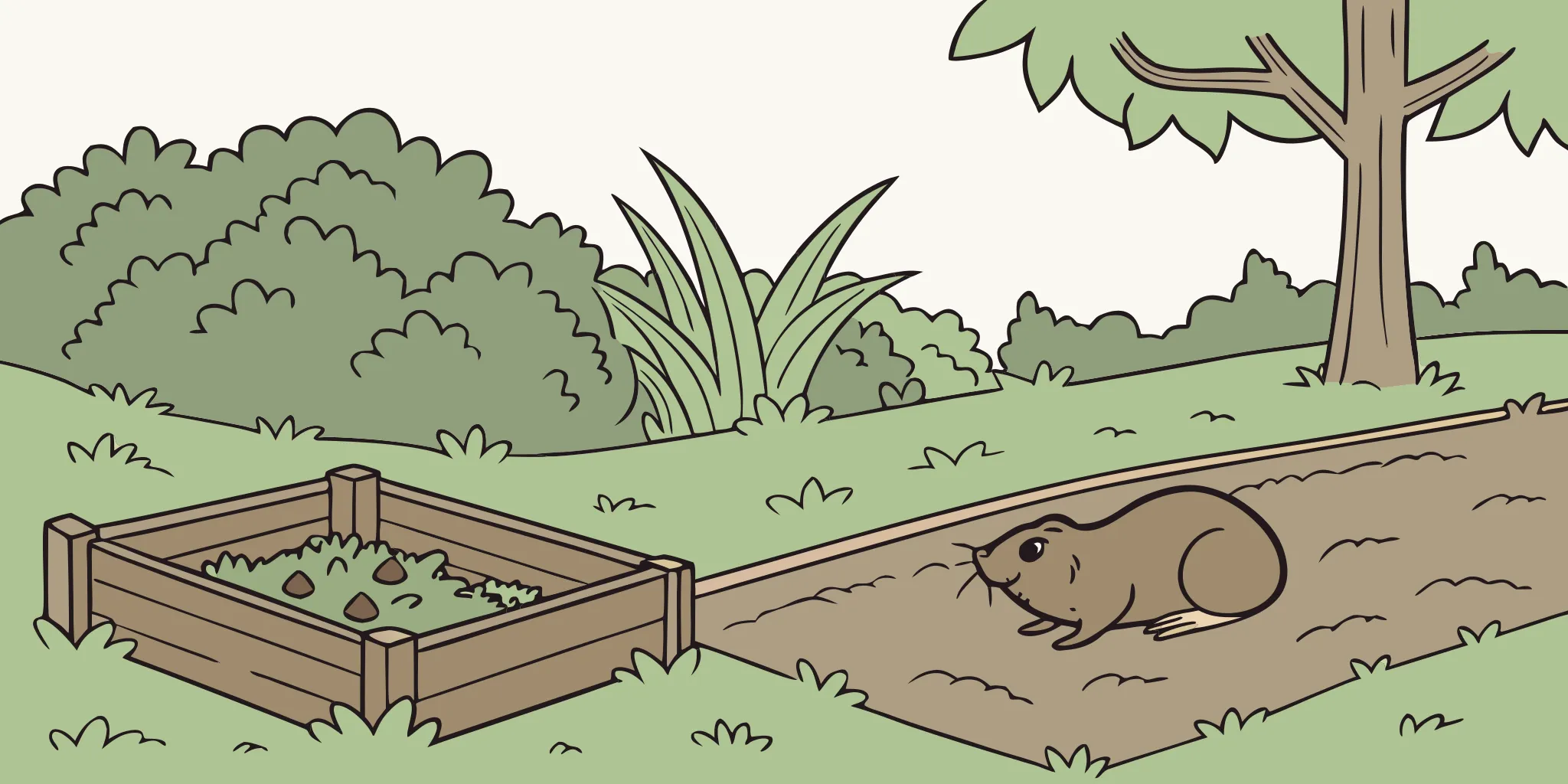 Fresh gopher mound and root damage in a garden bed