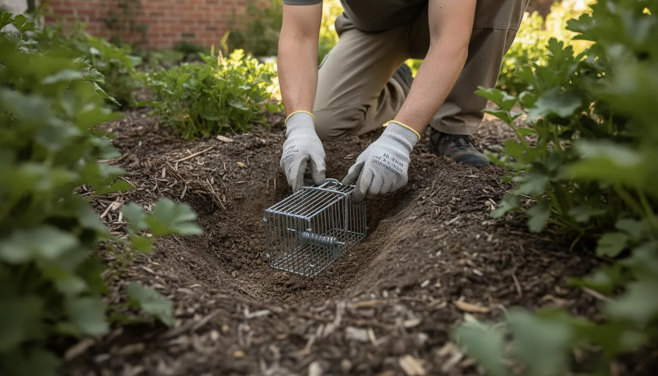 Homeowner positioning a mechanical gopher trap inside an exposed tunnel