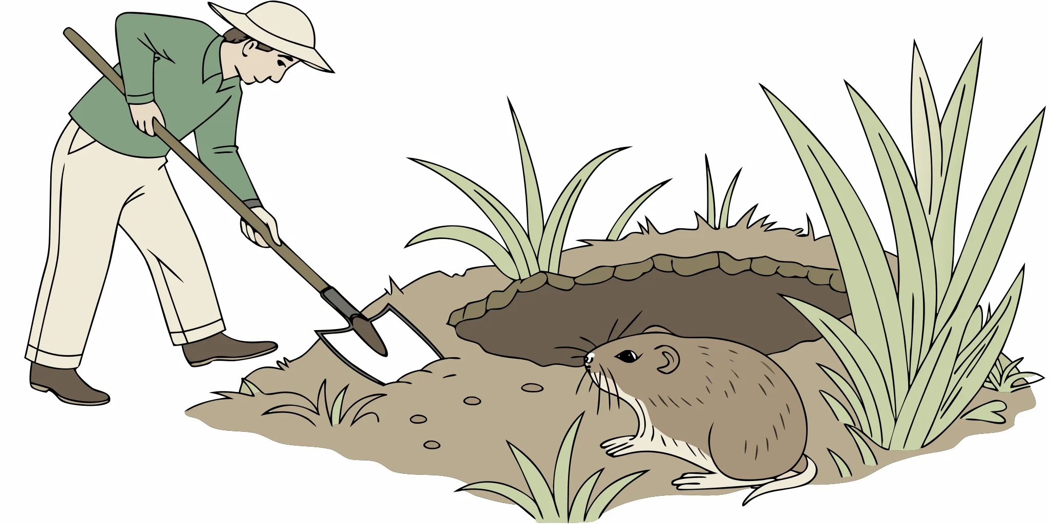 Probing beside a fresh gopher mound to locate the main tunnel