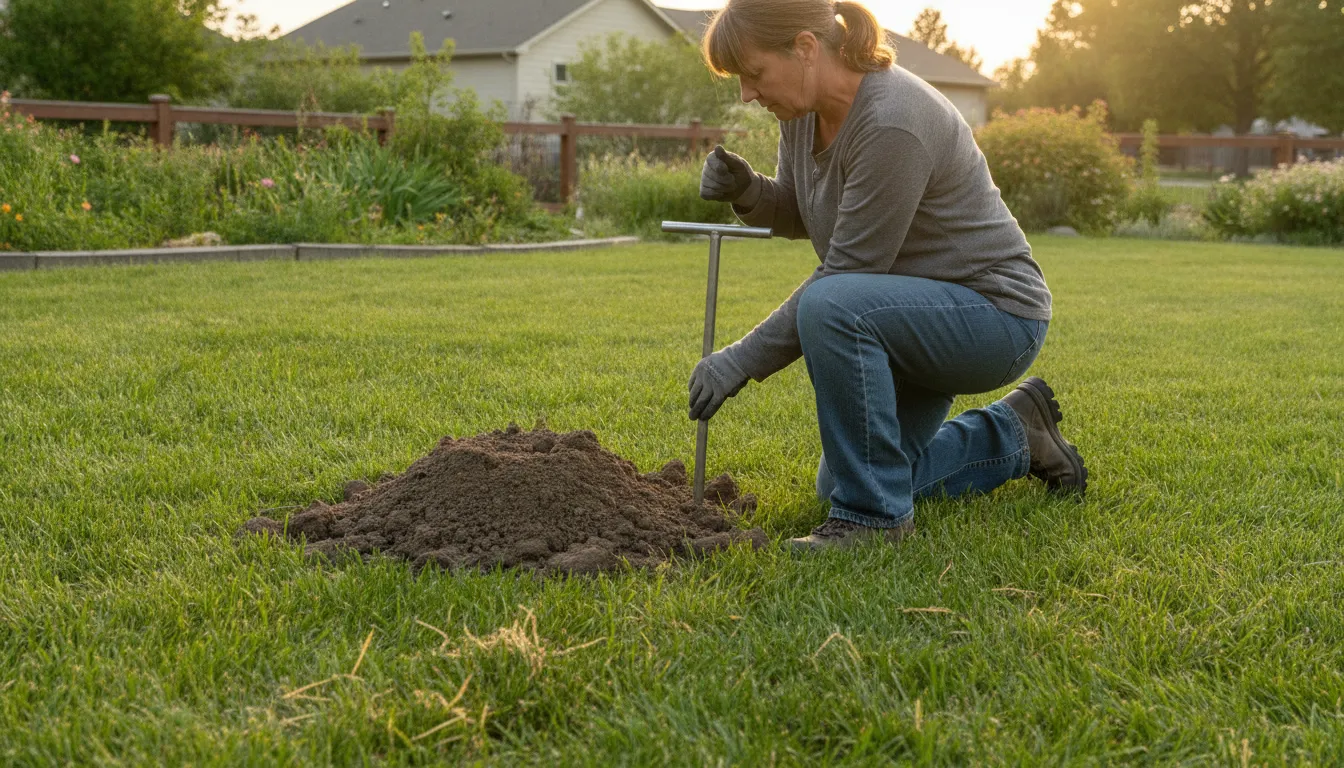 Homeowner using a soil probe to locate an active gopher tunnel