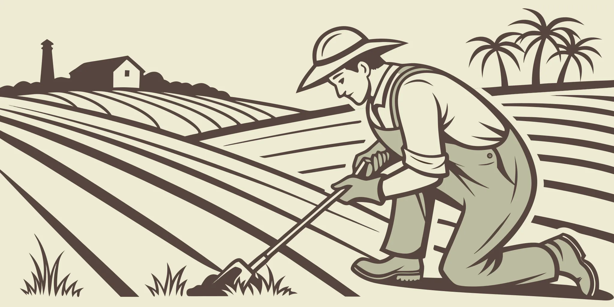 Farmer inspecting a galvanized steel gopher trap beside a field tunnel