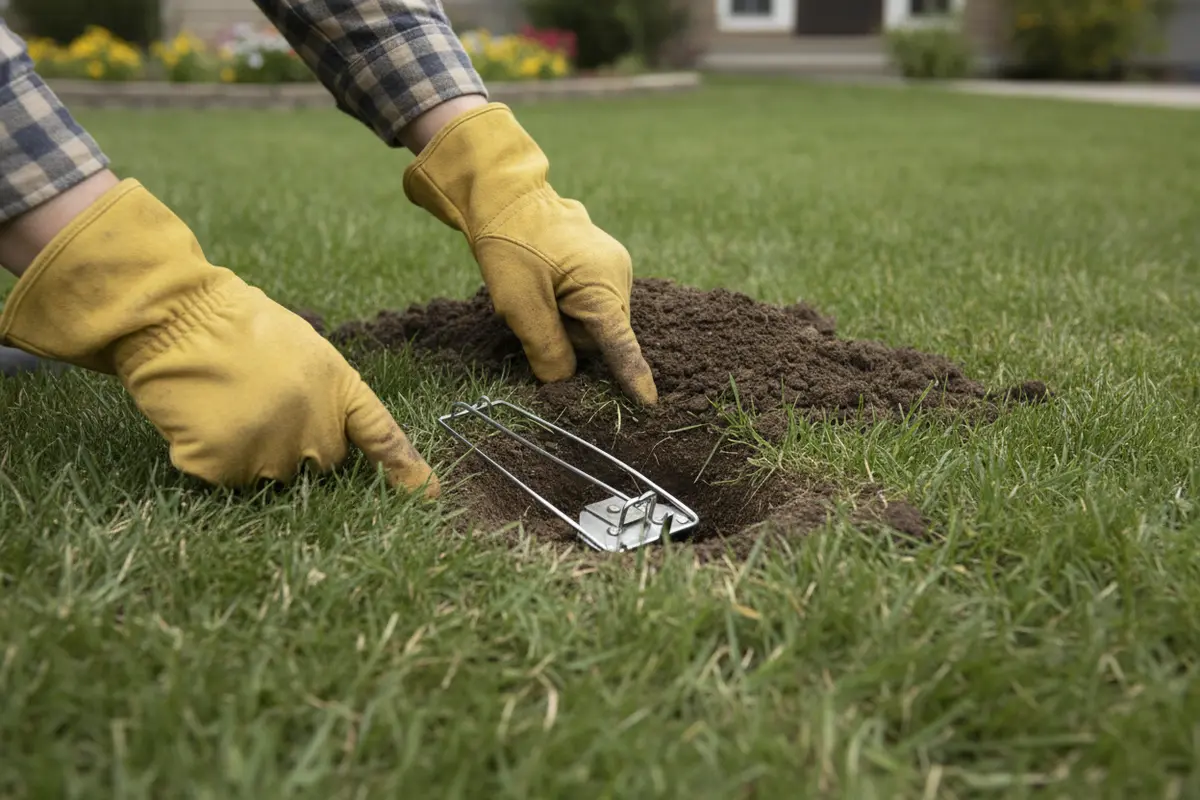 Homeowner checks a mole runway and trap before setting it