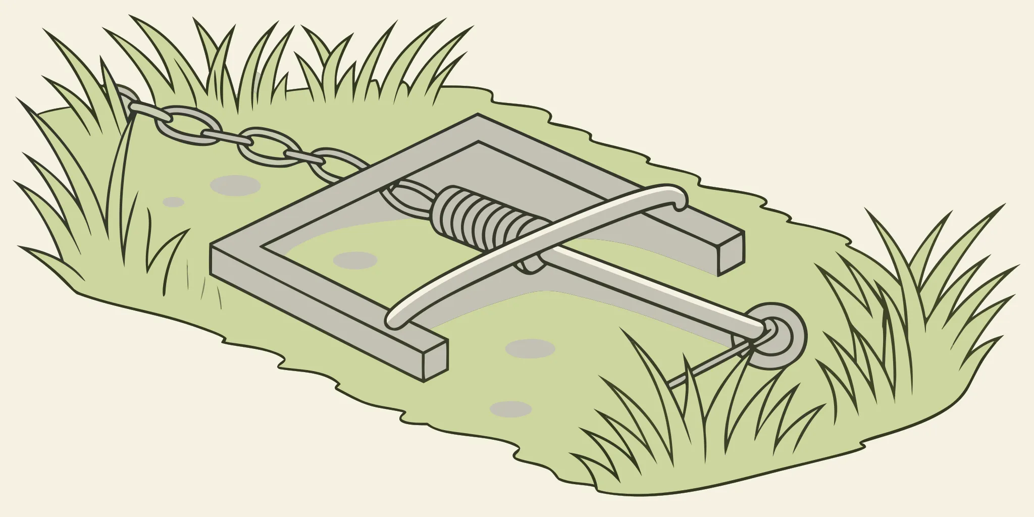 Galvanized steel Cinch trap in grassy lawn showing trigger mechanism and spring jaws