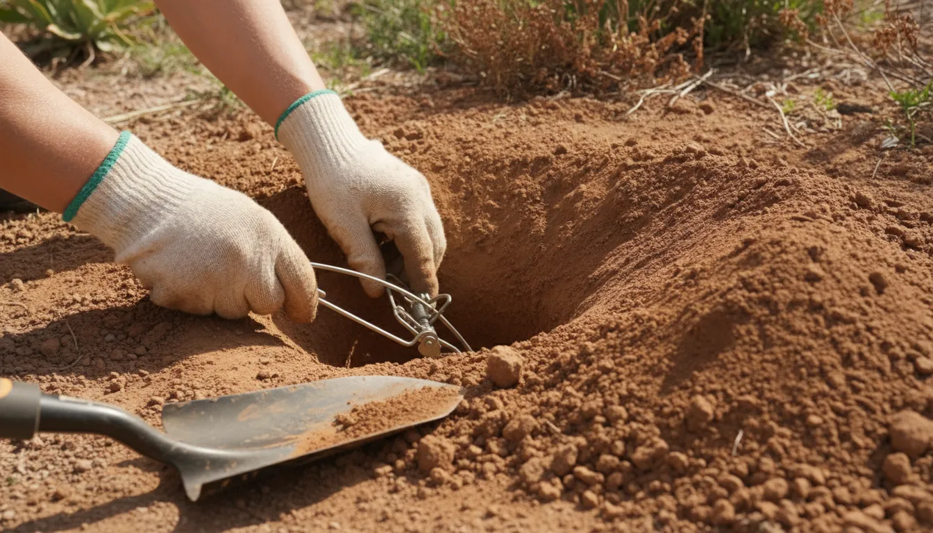Cinch gopher trap positioned in an underground tunnel